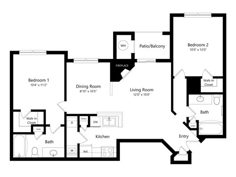 Floor plan for 2 beds, 2 baths, 1040 sqft